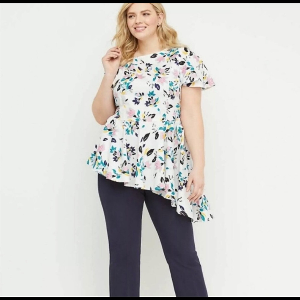 Lane Bryant white floral peplum asymmetrical  top